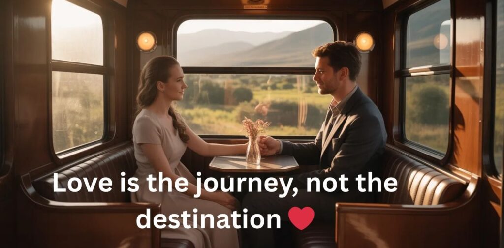 A couple sitting together in a train carriage, holding hands, gazing out at a scenic sunset view over rolling hills, evoking romance and cozy travel vibes.