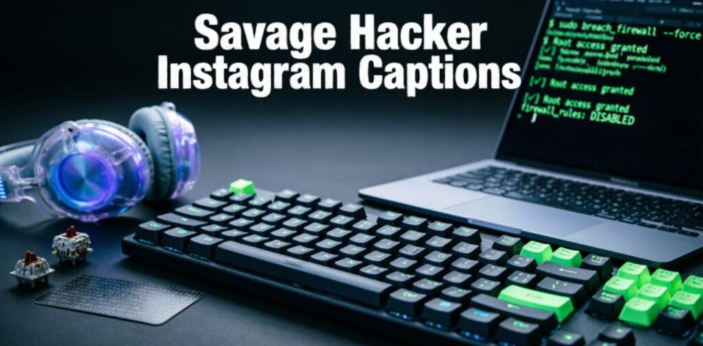 Savage Hacker Instagram Captions’ shown in bold, stylized typography, likely for a social media post featuring edgy caption ideas.
