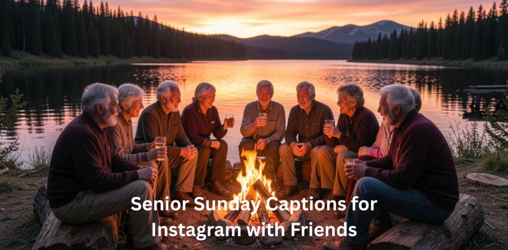 A joyful group of senior friends laughing together during a sunny picnic, celebrating friendship and happiness on a peaceful Sunday, perfectly matching Senior Sunday Captions for Instagram with Friends.