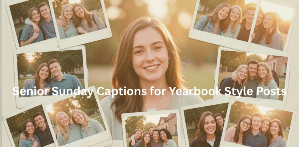 A classic yearbook-style portrait of a smiling senior in formal attire, standing confidently with soft studio lighting, perfectly matching Senior Sunday Captions for Yearbook Style Posts.