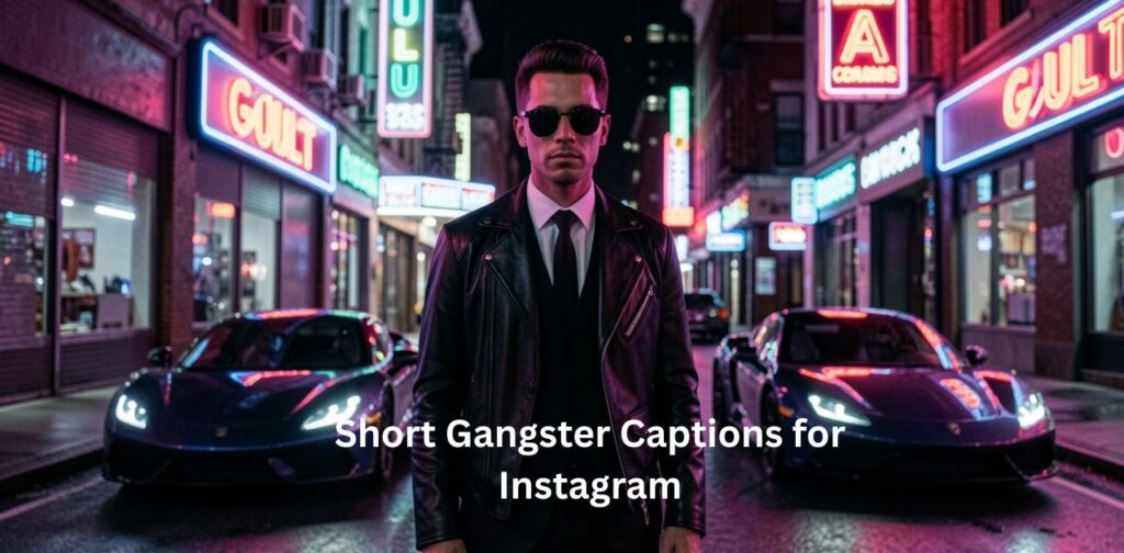 Short Gangster Captions for Instagram” in a dark, gritty font with urban street aesthetics, smoke effects, and neon accents, conveying a fearless and stylish gangster vibe.