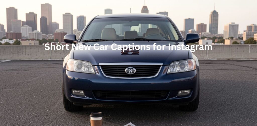 A stylish Instagram graphic titled “Short New Car Captions for Instagram” featuring a sleek new car in a modern urban setting, designed for car lovers with bold and aesthetic caption text highlighting excitement, luxury, and new beginnings.