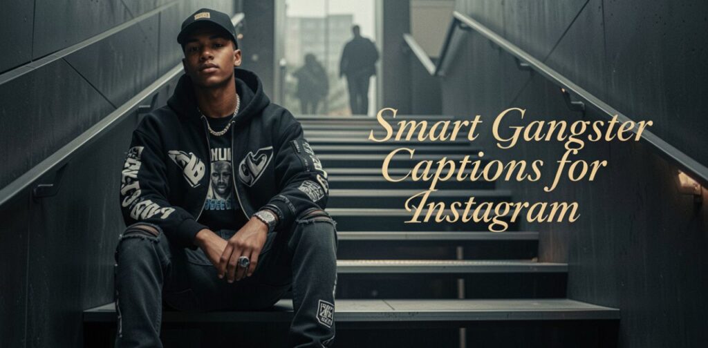 Smart gangster captions for Instagram featuring a confident stylish person with sharp attitude, modern fashion, and a clean cinematic urban aesthetic.
