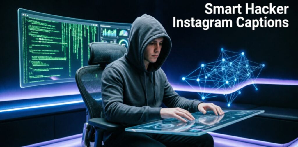 ‘Smart Hacker Instagram Captions’ displayed in bold, clean typography, likely used for a social media post featuring clever or intelligent hacker-themed captions