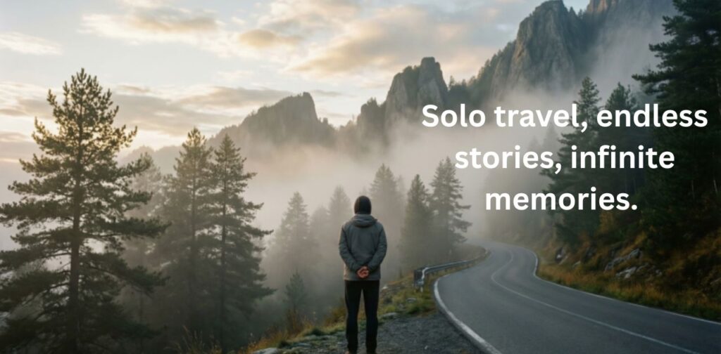 Solo Travel Alone Captions for Instagram”, symbolizing freedom, adventure, and self-discovery while traveling alone.