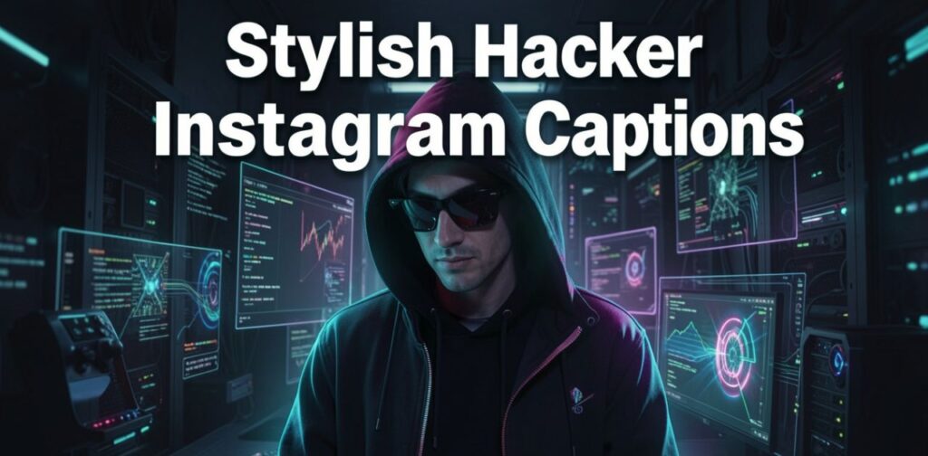 Stylish Hacker Instagram Captions’ shown in bold, clean typography, likely for a social media post featuring caption ideas.