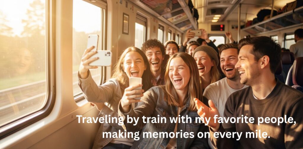 A group of friends sitting near a train window, smiling and enjoying the scenic view during their journey together.