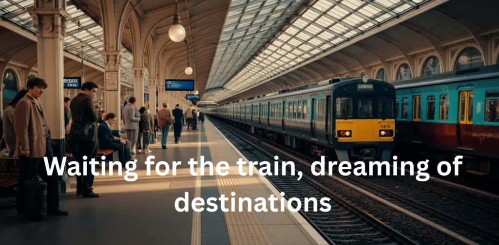 A bustling train station with people waiting on platforms, vintage trains arriving and departing, sunlight casting warm shadows, capturing the excitement and anticipation of travel.