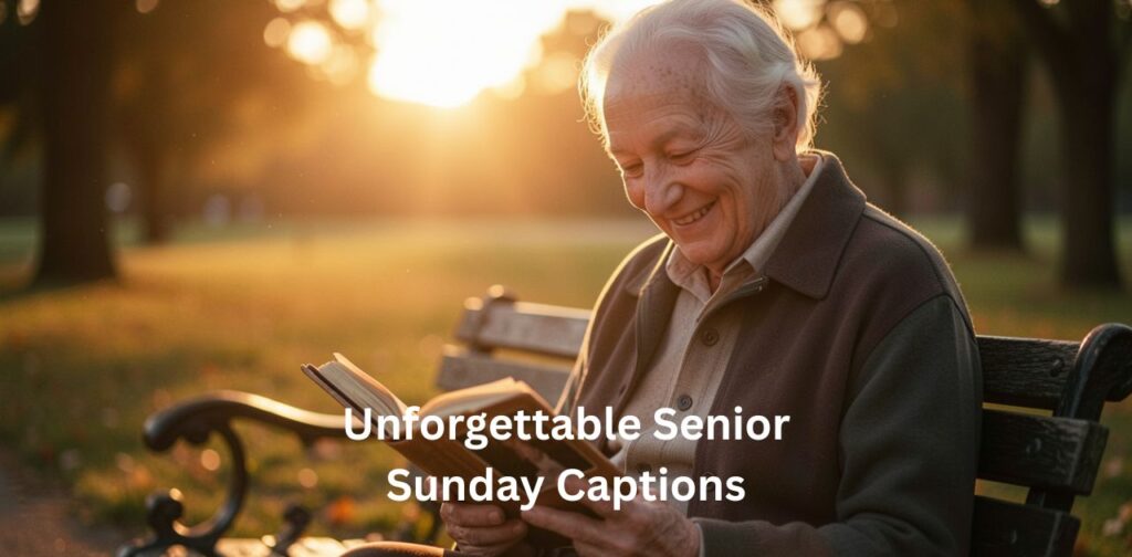 A senior sitting quietly on a park bench at sunset, holding a photo album and reliving cherished memories, perfectly representing Unforgettable Senior Sunday Captions.