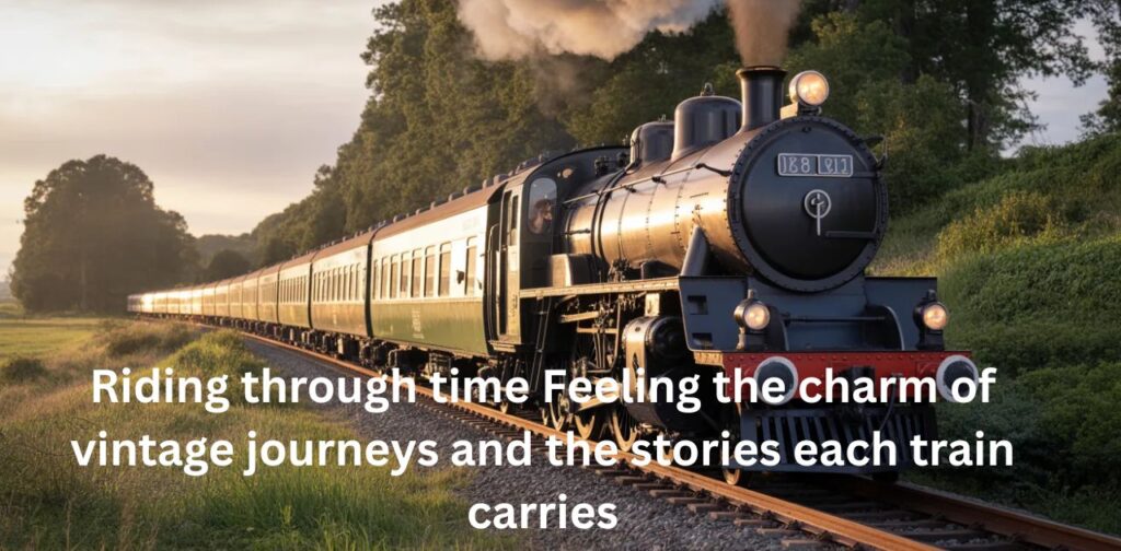 A beautifully aged vintage train moving along a scenic railway track surrounded by lush greenery and golden sunlight, evoking nostalgia and timeless travel vibes.