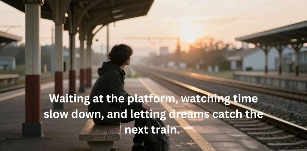 A person sitting on a railway platform, waiting for a train, looking at the tracks with a bag beside them during golden hour.
