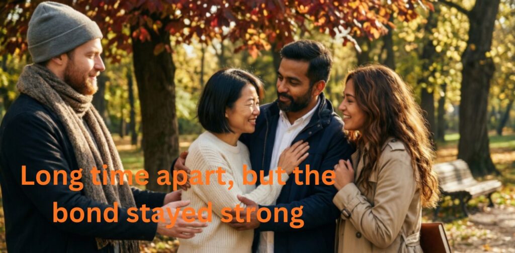 Meeting friends after a long time captions — friends meeting after a long time, smiling, hugging, and enjoying their joyful reunion