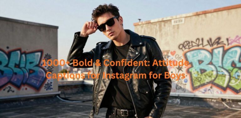 Text overlay says ‘1000+ Bold & Confident: Attitude Captions for Instagram for Boys.’ The background is vibrant with modern urban vibes.