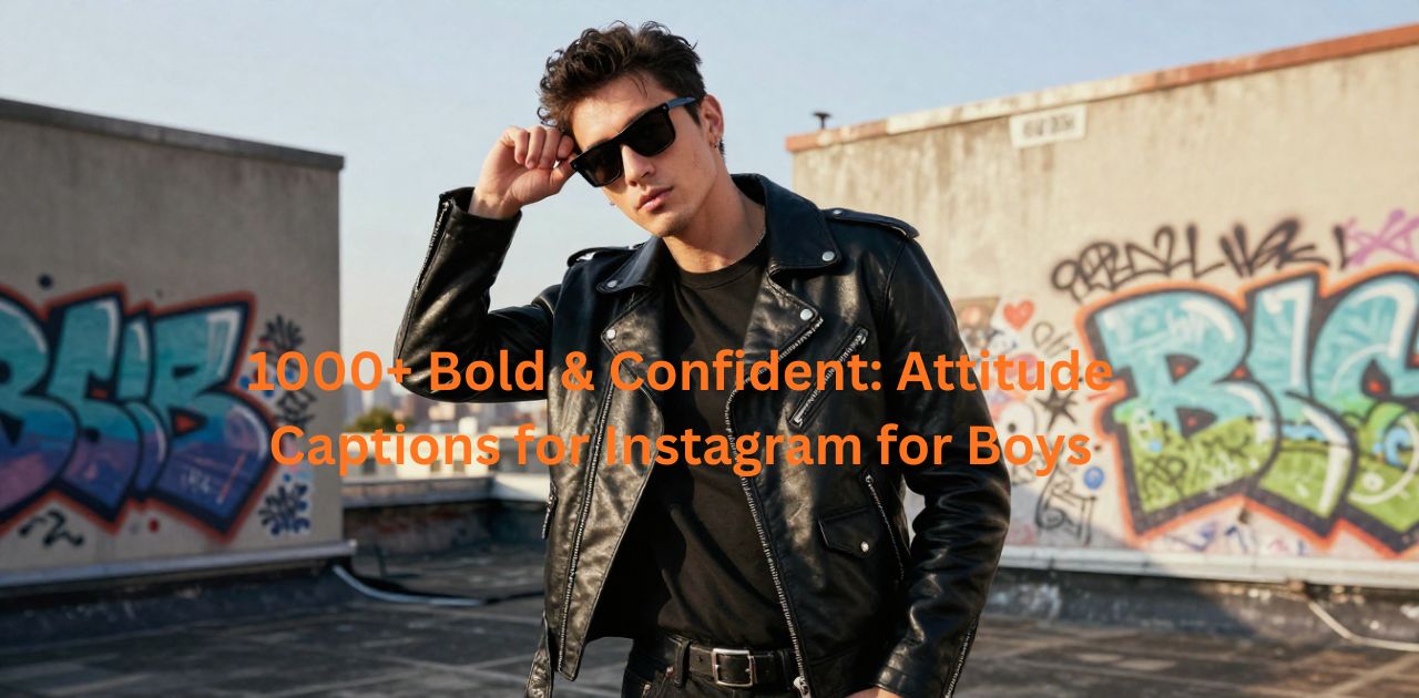 Text overlay says ‘1000+ Bold & Confident: Attitude Captions for Instagram for Boys.’ The background is vibrant with modern urban vibes.