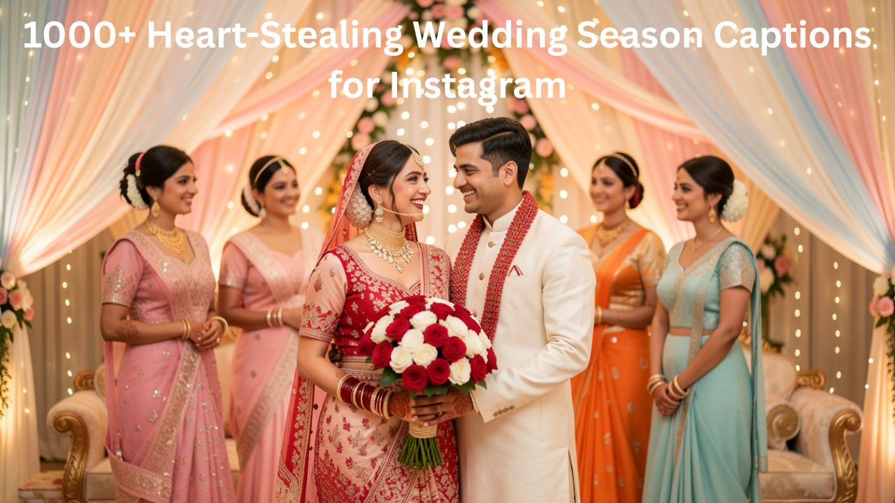 Collection of over 1000 heart-stealing wedding season captions for Instagram, featuring cute, funny, and viral lines perfect for wedding guests, couples, and friends.