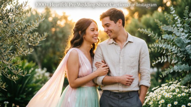 Romantic couple smiling during a golden hour pre wedding shoot, holding hands and sharing a heartfelt moment, perfect for heartfelt pre wedding shoot captions for Instagram.