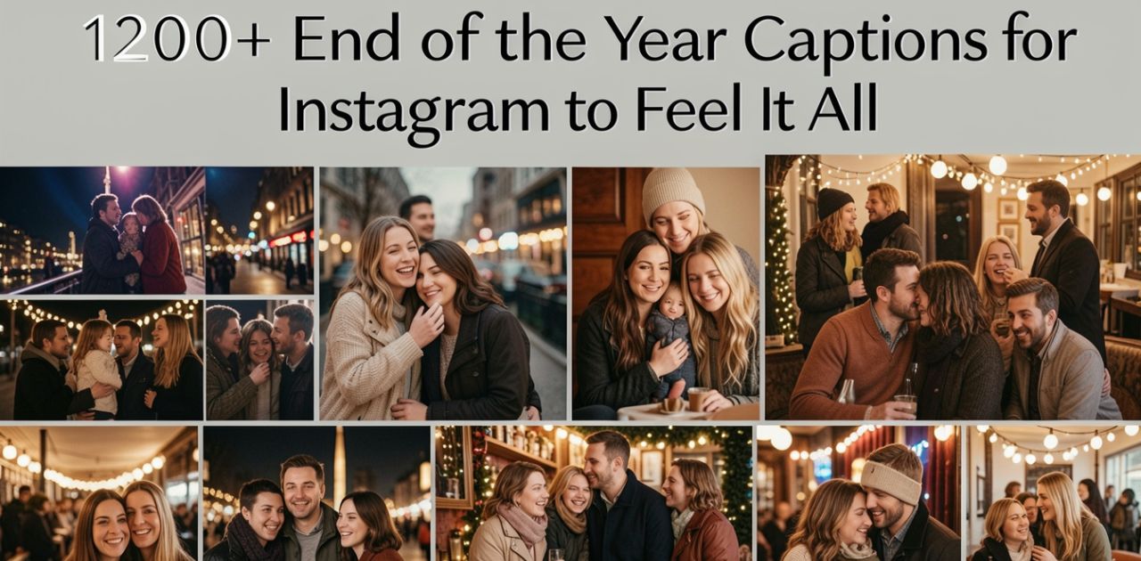 1200+ End of the Year Captions for Instagram to Feel It All’ placed at the top, above a cinematic collage of year-end memories.