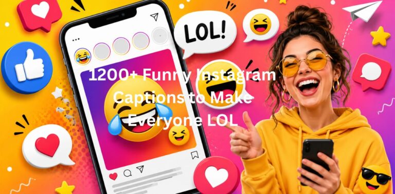 200+ Funny Instagram Captions to Make Everyone LOL’, promoting a collection of humorous Instagram caption ideas.