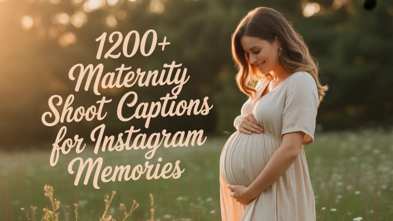 1200+ Maternity Shoot Captions for Instagram Memories” in stylish typography, representing a collection of heartfelt pregnancy and maternity photo captions for Instagram posts.
