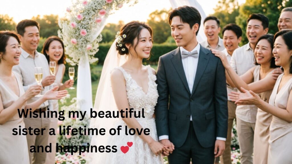 A joyful bride smiling in her wedding dress, surrounded by family and festive decorations, capturing love and happiness – perfect for Wedding Wishes for Sister Wedding for Instagram.