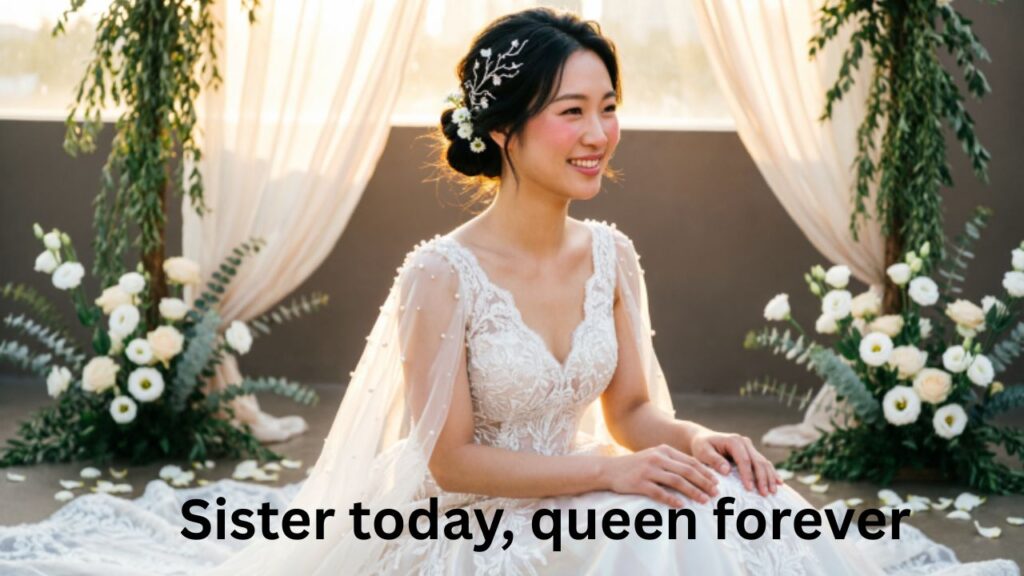 Bride glowing in soft sunlight with floral accents, capturing beauty and joy – perfect for Aesthetic Sister Wedding Captions for Instagram."