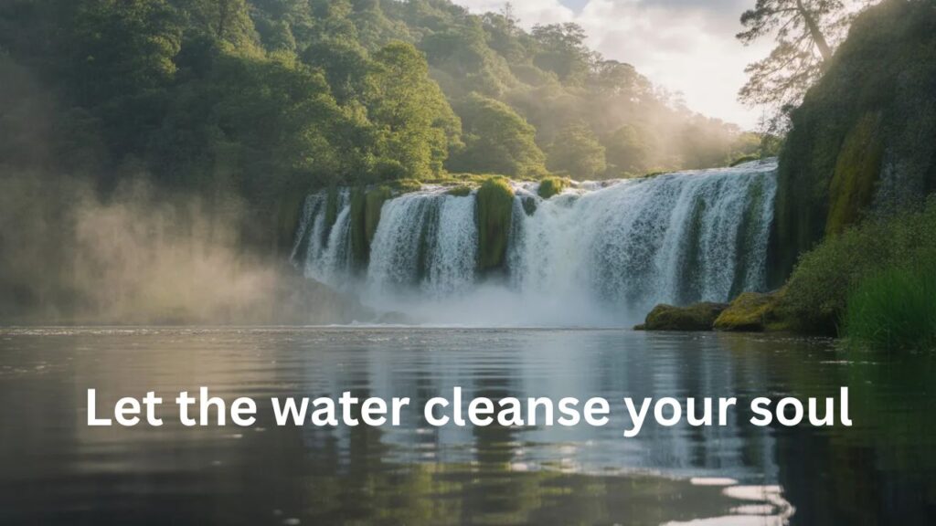 Aesthetic Waterfall Captions for Instagram – serene waterfall surrounded by lush green nature, soft sunlight, and mist, creating a dreamy and aesthetic vibe perfect for Instagram photos.