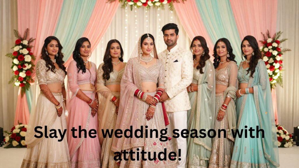 "Stylish and confident wedding scene showcasing Attitude Wedding Season Captions for Instagram. Bride and groom smiling and posing elegantly, with vibrant floral decor, pastel drapes, and festive lights in the background."