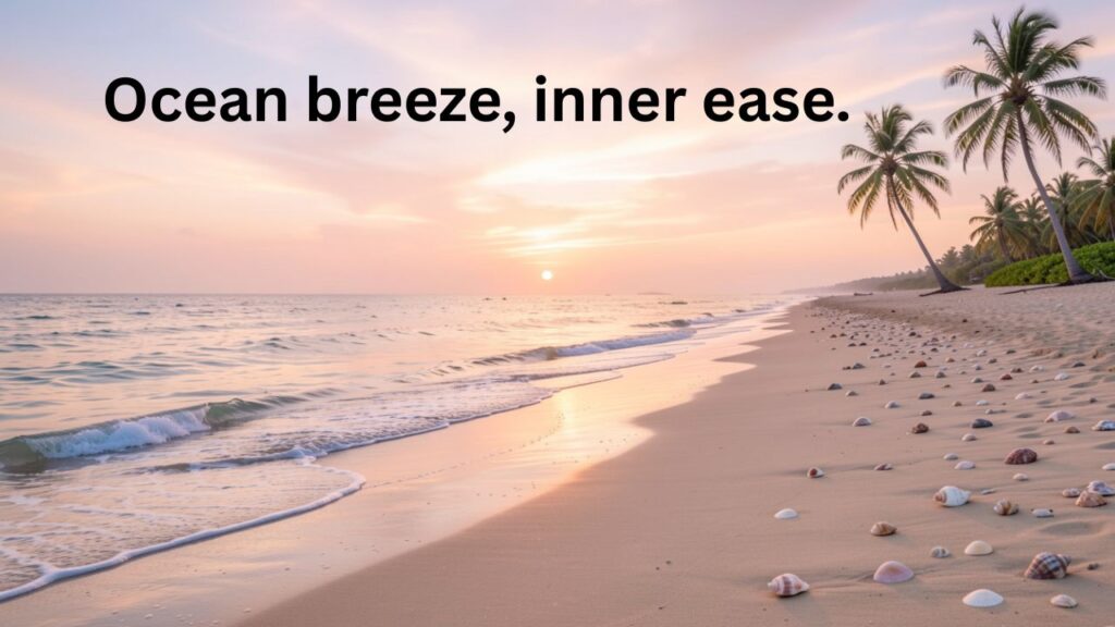 A serene beach at sunset with gentle waves lapping the shore, soft pastel sky, and seashells scattered on the sand, evoking calm and relaxation.