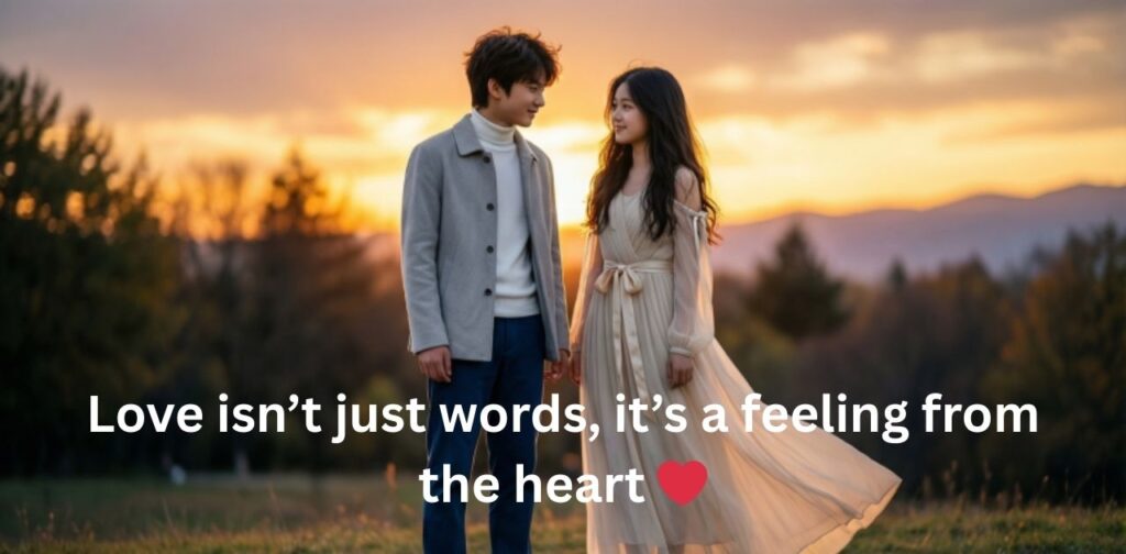 A romantic and stylish boy standing with a soft smile, expressing love and emotions, perfect for Instagram love captions.