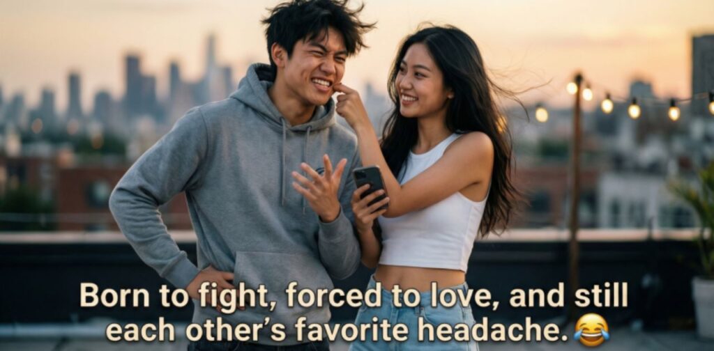 Brother and sister making funny faces together and laughing, showing sibling love, perfect for funny Instagram captions and playful family moments.