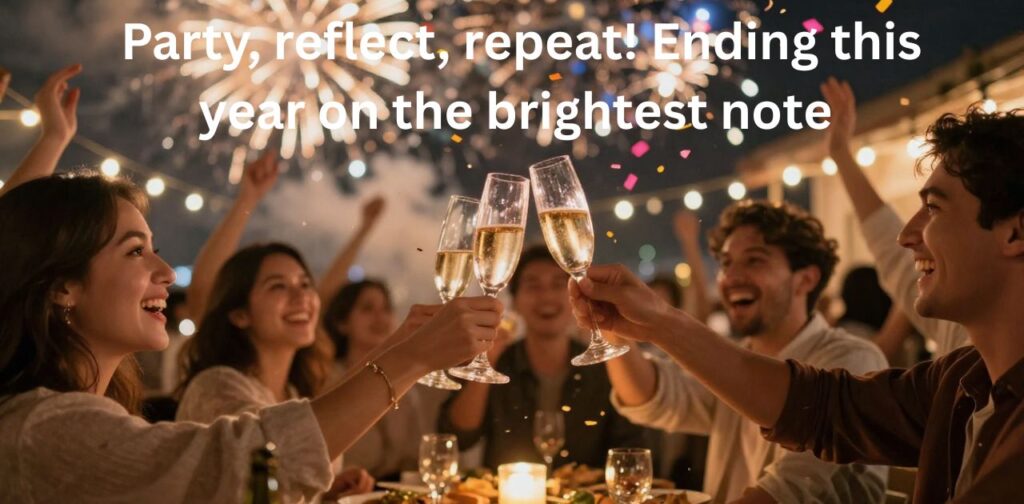 End of the Year Captions for Instagram: People celebrating the year-end with fireworks, confetti, and joyful moments, capturing the festive spirit and positive vibes