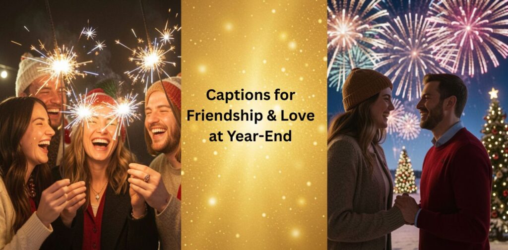 Captions for Friendship & Love at Year-End’, illustrated with friends celebrating together on one side and a romantic couple sharing a special moment on the other, symbolizing the importance of both friendship and love as the year ends