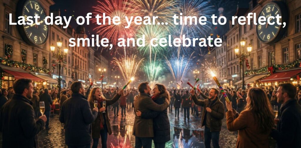 Last Day of the Year celebration with fireworks, people cheering, and clocks nearing midnight.