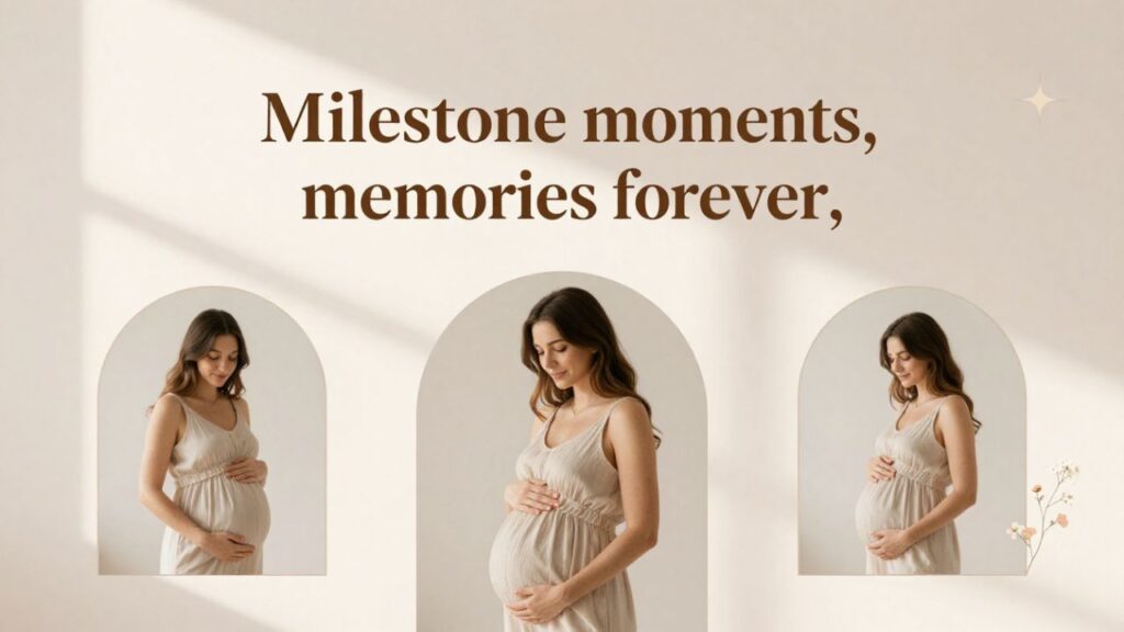 Elegant maternity Instagram graphic showing a pregnant woman at different stages of pregnancy, with soft pastel tones and text “Captivating Pregnancy Captions for Every Milestone,” representing memorable pregnancy moments and Instagram caption ideas.