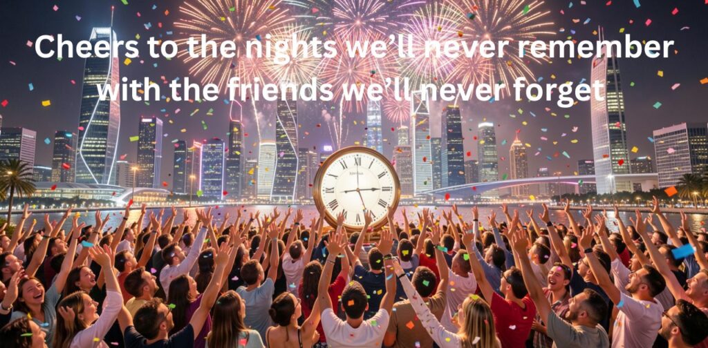Clever End of Year Captions idea for Instagram posts, featuring festive fireworks, confetti, and people celebrating, perfect for End of the Year Captions for Instagram.