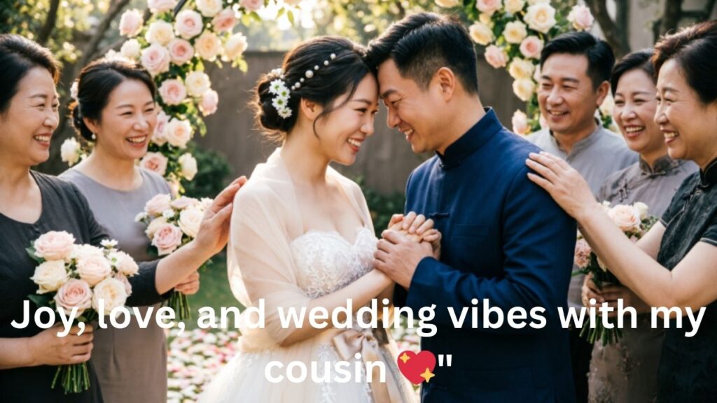 A joyful cousin bride smiling in her wedding outfit, surrounded by family and floral decorations, capturing happiness and love – perfect for Cousin Sister Wedding Captions for Instagram.