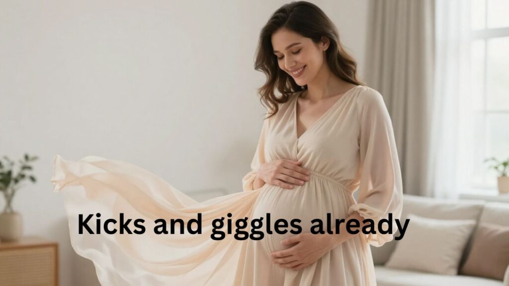 regnant woman smiling and holding her baby bump, perfect for Cute Pregnancy Bump Captions on Instagram.