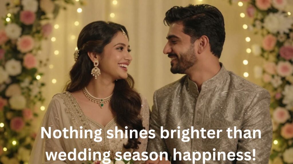 A beautifully dressed couple smiling at each other during a colorful wedding ceremony, surrounded by fairy lights, floral decorations, and joyful guests celebrating in a warm, romantic atmosphere.