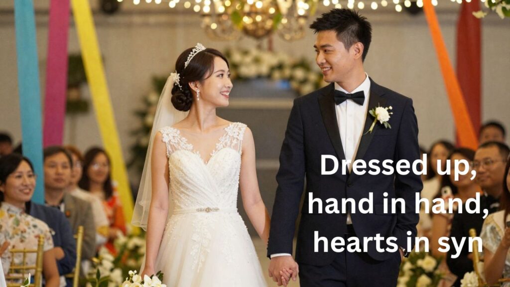 Couple enjoying a wedding together, smiling and posing at a decorated venue — perfect for Dating and Couple Wedding Guest Captions
