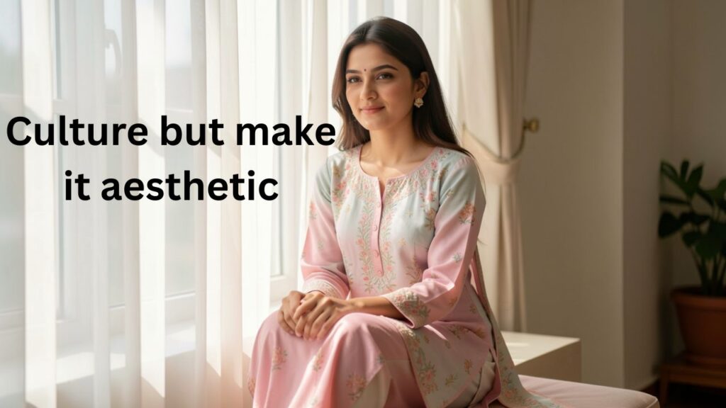 A Desi girl in soft neutral tones, showcasing aesthetic styling, cultural elegance, and calm natural beauty.