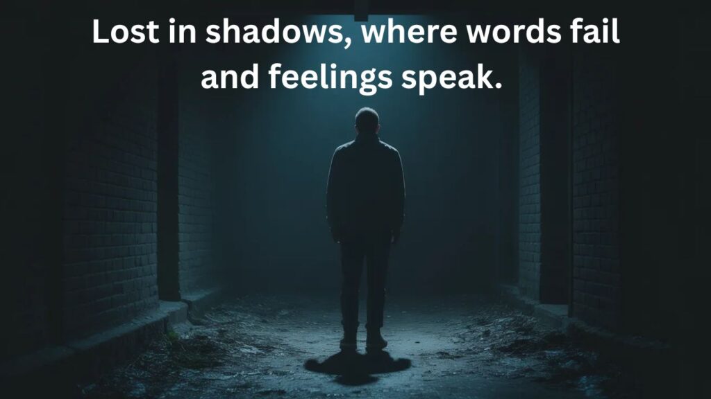Dark moody background with a single dim light illuminating a thoughtful silhouette, evoking deep emotions and introspection – perfect for Emotional Dark Captions.