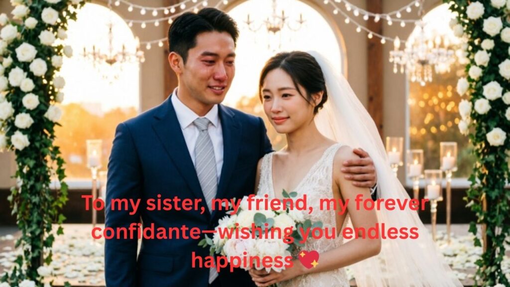Emotional Wedding Wishes for Sister from Brother: A brother lovingly embracing his sister on her wedding day, sharing a heartfelt and tearful moment of joy and love.