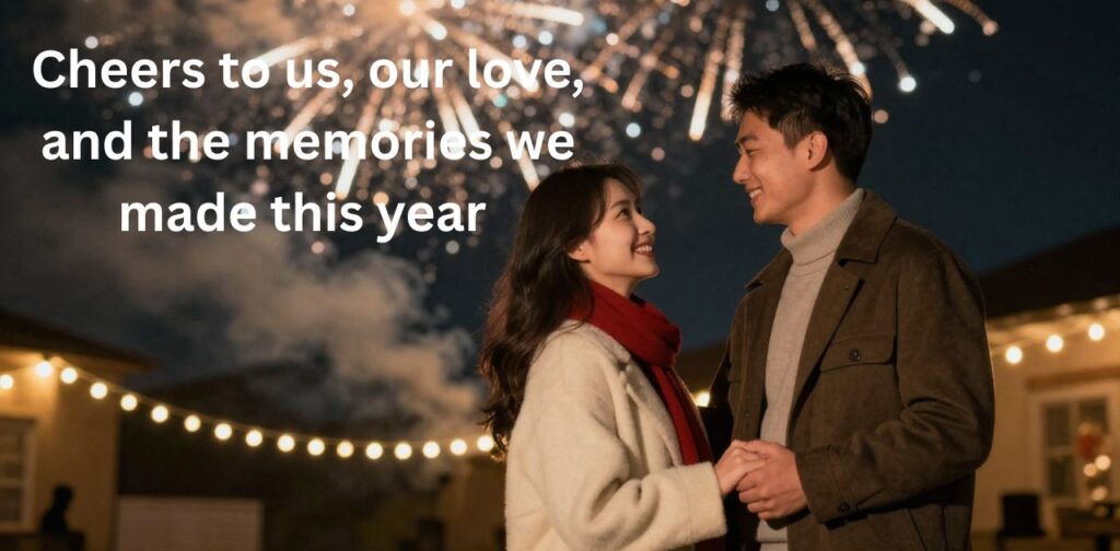A romantic couple celebrating together under fireworks, smiling and enjoying the moment, perfect for End of the Year Captions for Instagram.
