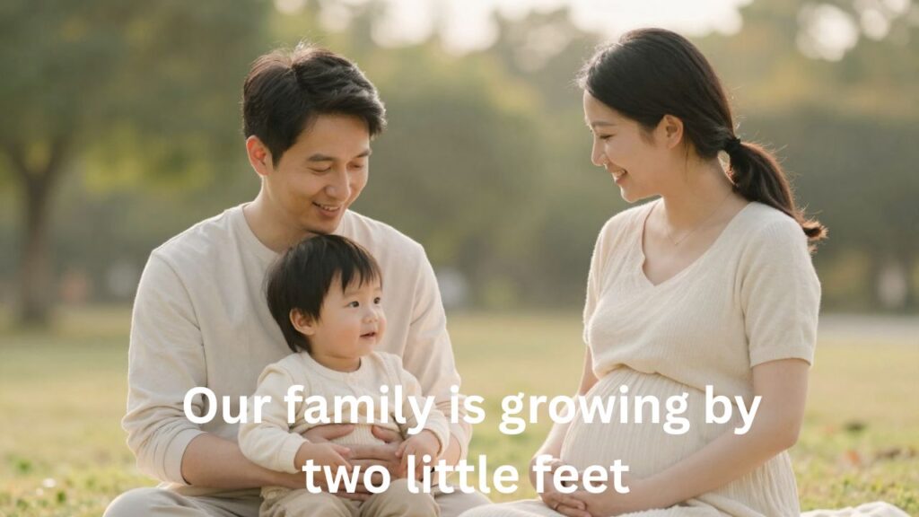 Happy family maternity photoshoot with pregnant mother, father, and child smiling together, featuring the title “Family Maternity Photo Captions” in soft elegant typography.