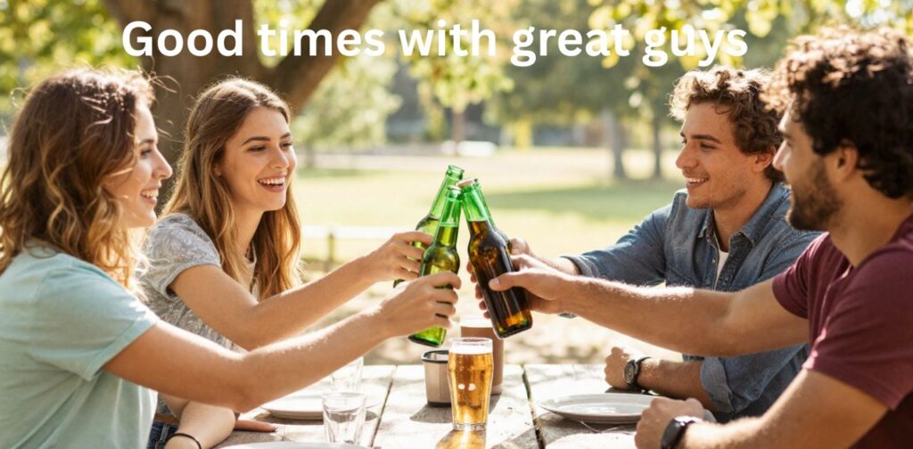 Group of frat guys hanging out, laughing, and having fun together, perfect for Instagram captions that capture college brotherhood, party vibes, and friendship moments.