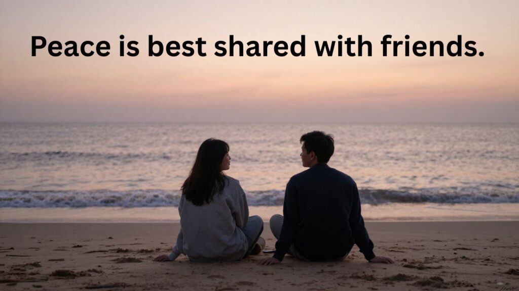 Two friends sitting on a calm beach during sunset, sharing laughter and peaceful moments — perfect Peace Captions for Instagram.