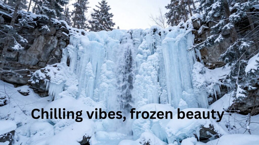 Frozen Waterfall Captions to Brighten Your Instagram Feed – stunning frozen waterfall with ice formations, snow-covered surroundings, and sparkling sunlight, creating a bright and aesthetic Instagram-ready nature scene.