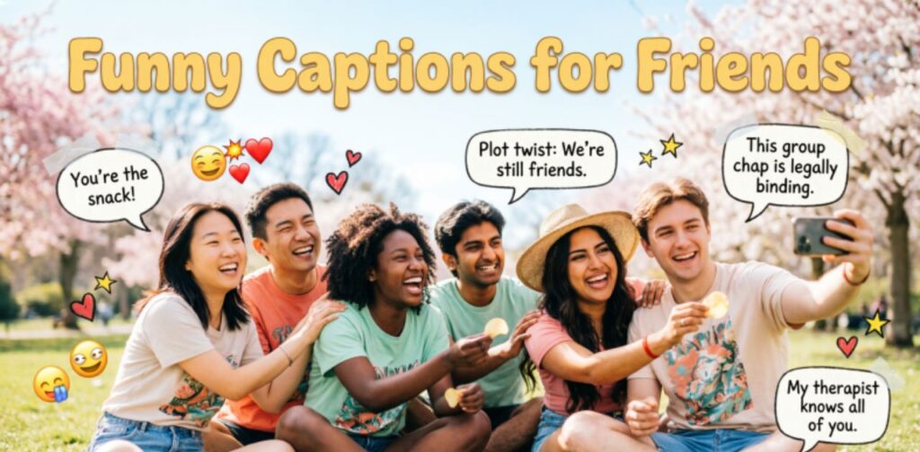 Funny Captions for Friends’, suggesting a collection of humorous and relatable caption ideas focused on friendship moments.