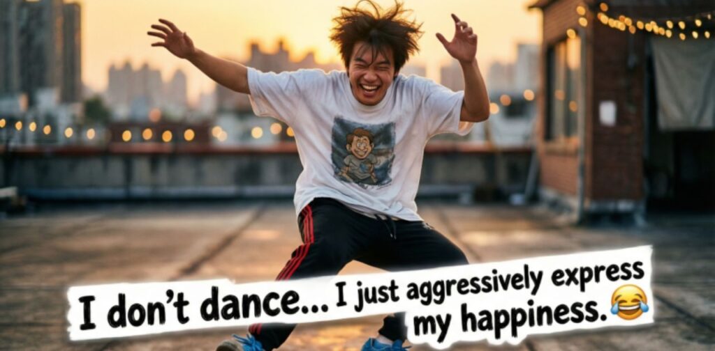 Person doing funny dance moves with silly expressions, enjoying music and creating viral moments, perfect for Funny Captions for Instagram.