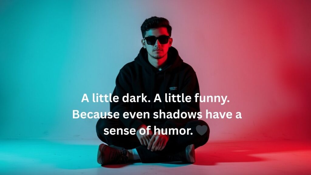 Dark aesthetic background with subtle shadows and bold white text reading “Funny Dark Captions,” featuring a moody yet playful vibe with a hint of sarcasm and humor.